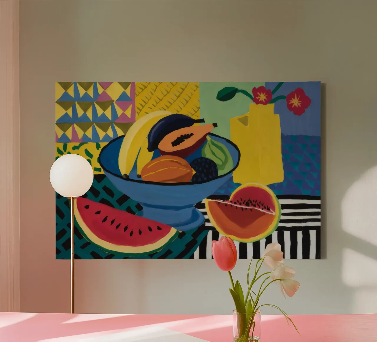 Carnaval cubista de frutas lienzo con Marco flotante de Fable Tempa