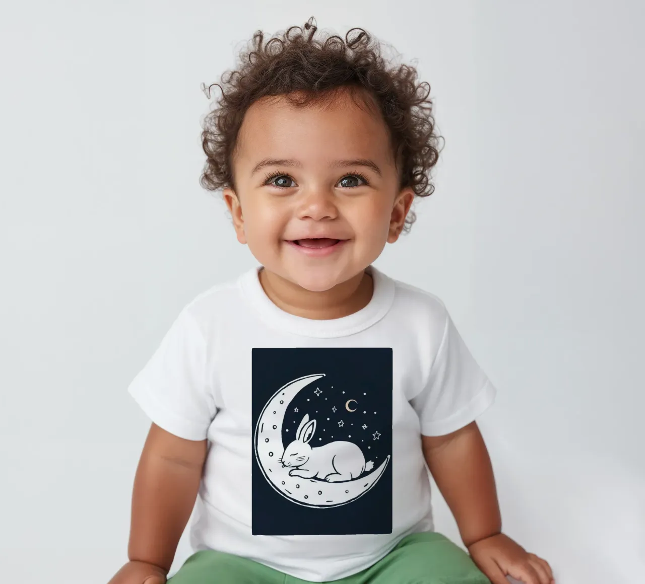 Lapin endormi reposant sur un croissant de lune entouré d'étoiles t-shirt pour bébé de DesignDoodle