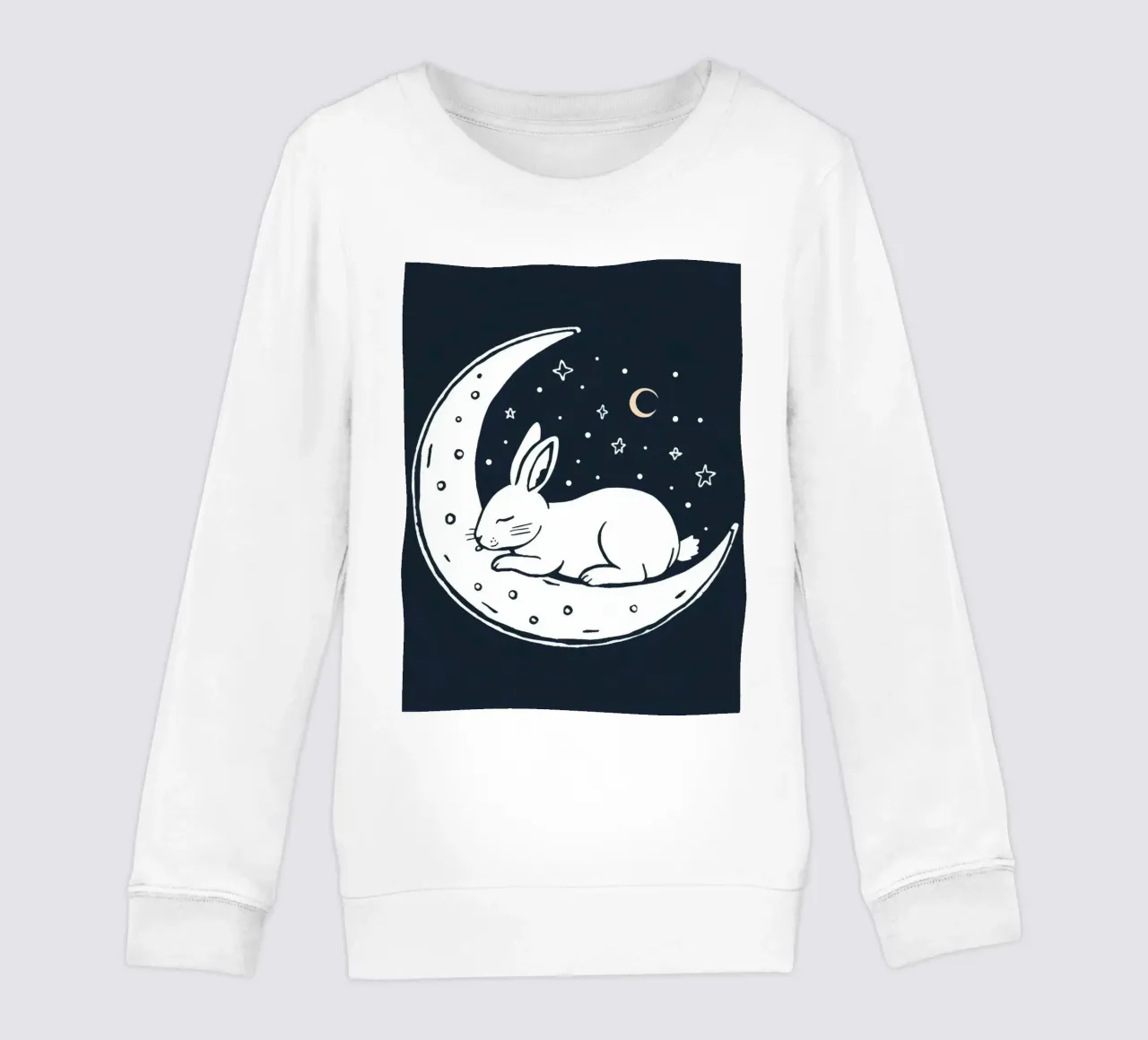 Sleeping bunny resting on crescent moon surrounded by stars kids sweatshirt by DesignDoodle