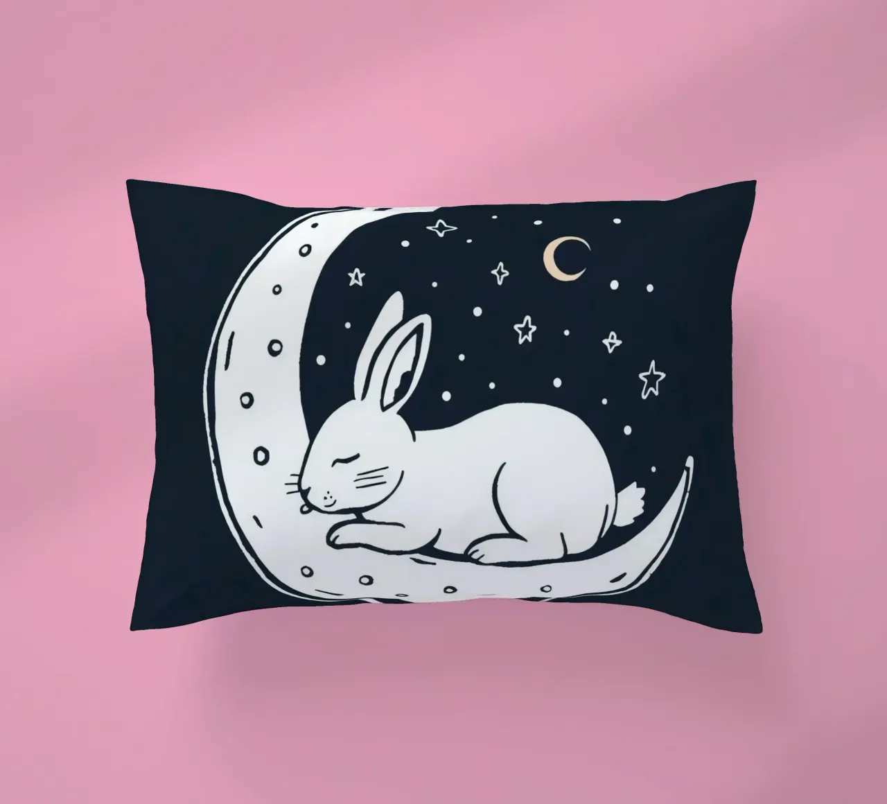 Sleeping bunny resting on crescent moon surrounded by stars decorative cushion by DesignDoodle
