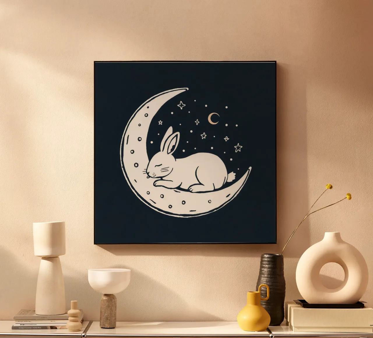 Sleeping bunny resting on crescent moon surrounded by stars alu-dibond by DesignDoodle