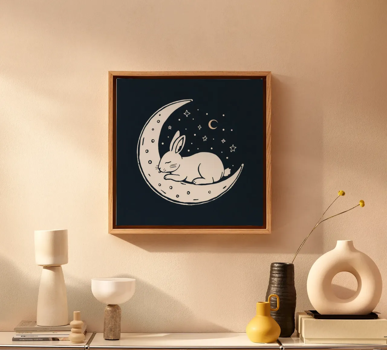 Sleeping bunny resting on crescent moon surrounded by stars canvas by DesignDoodle