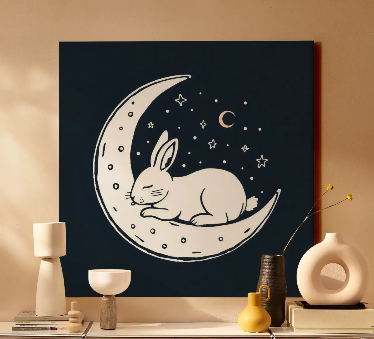 Sleeping bunny resting on crescent moon surrounded by stars canvas by DesignDoodle