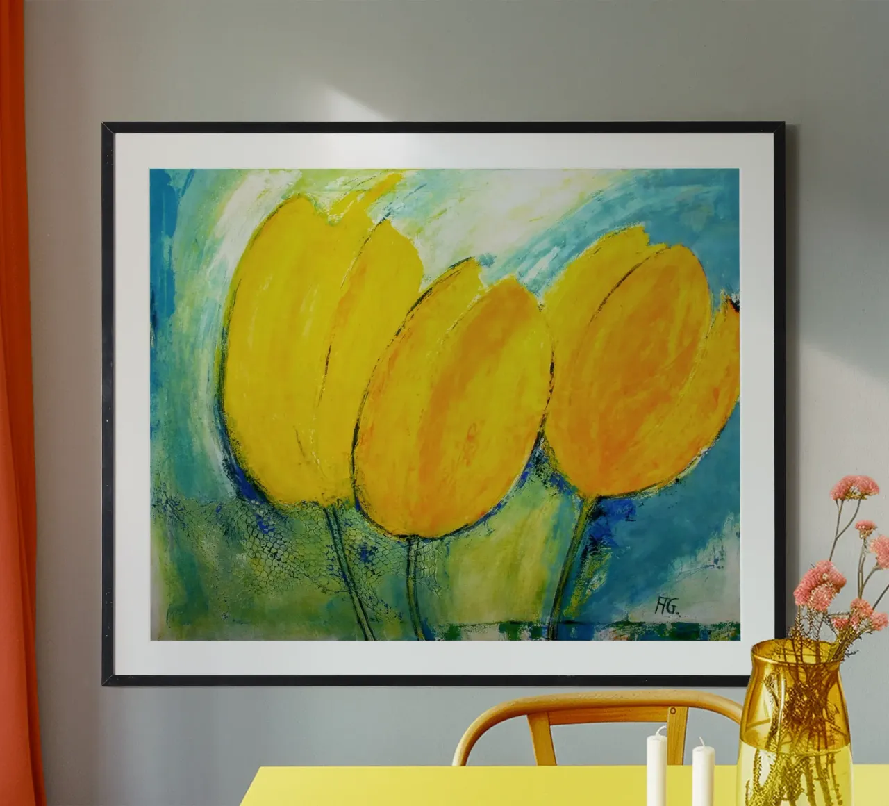 Gelbe Tulpen poster con telaio in alluminio da Anita Gewald