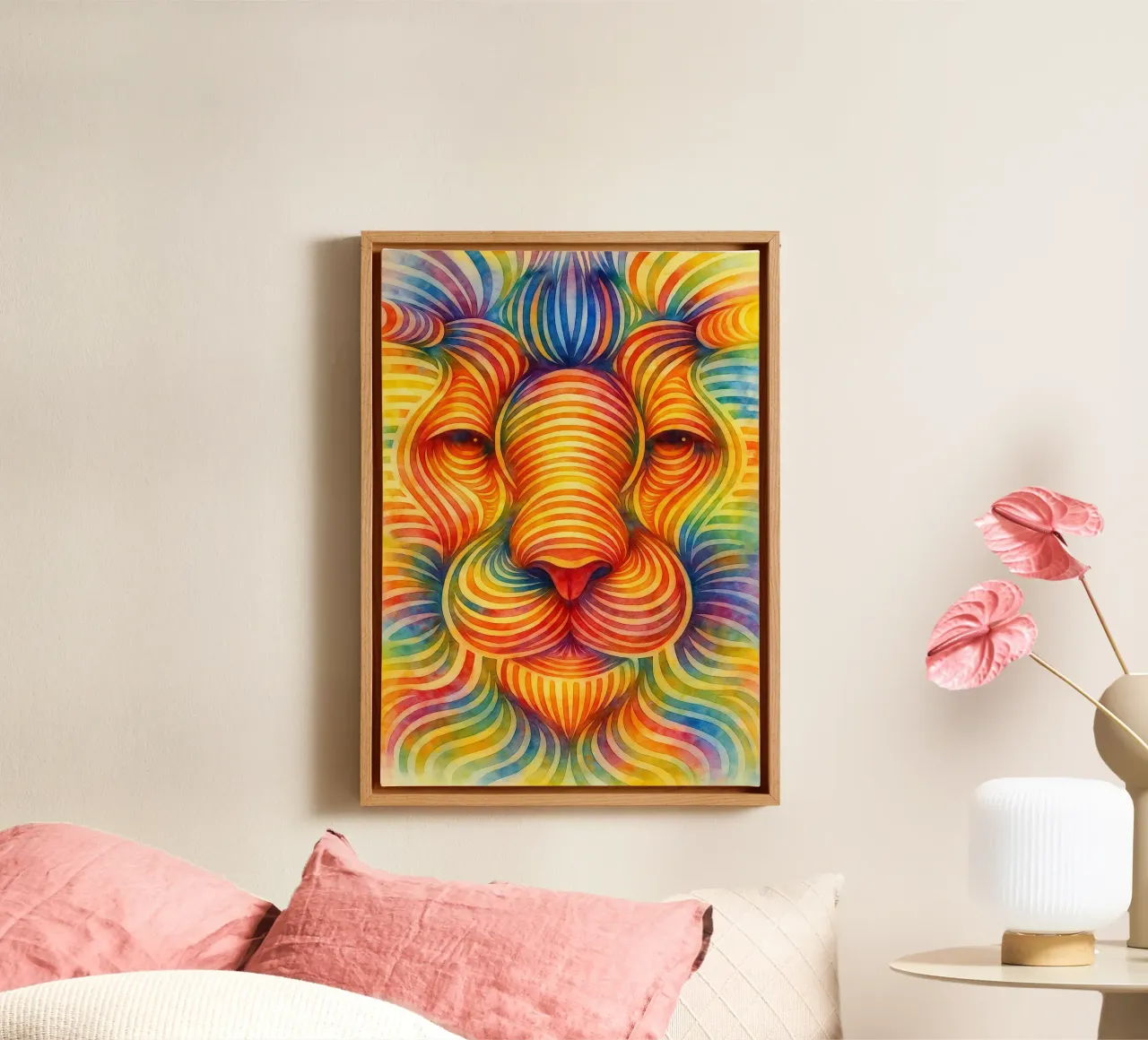 abstract geometric lion face line canvas with Floater frame by arkhanz
