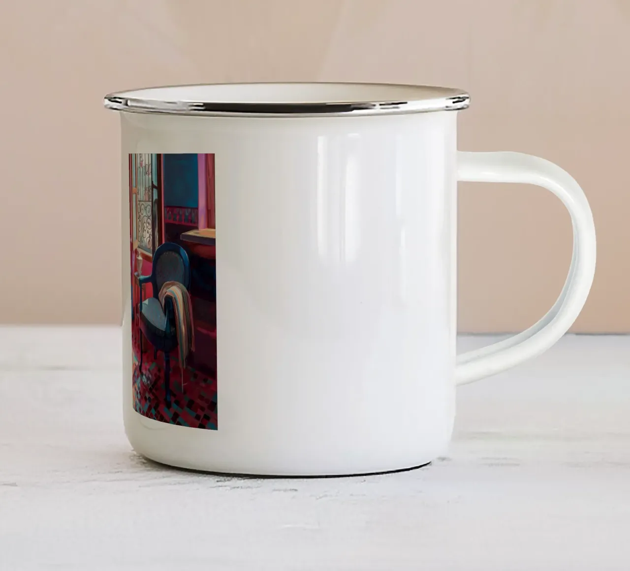Stanza cremisi di sollievo tazza in smalto da Tiga Bersama