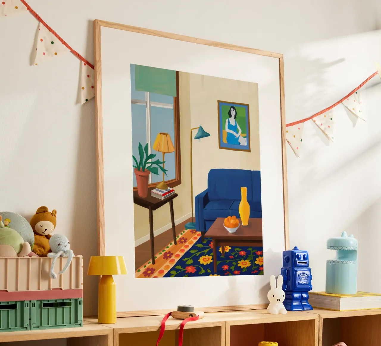 Ritratto di divano blu poster con telaio in alluminio da Tiga Bersama