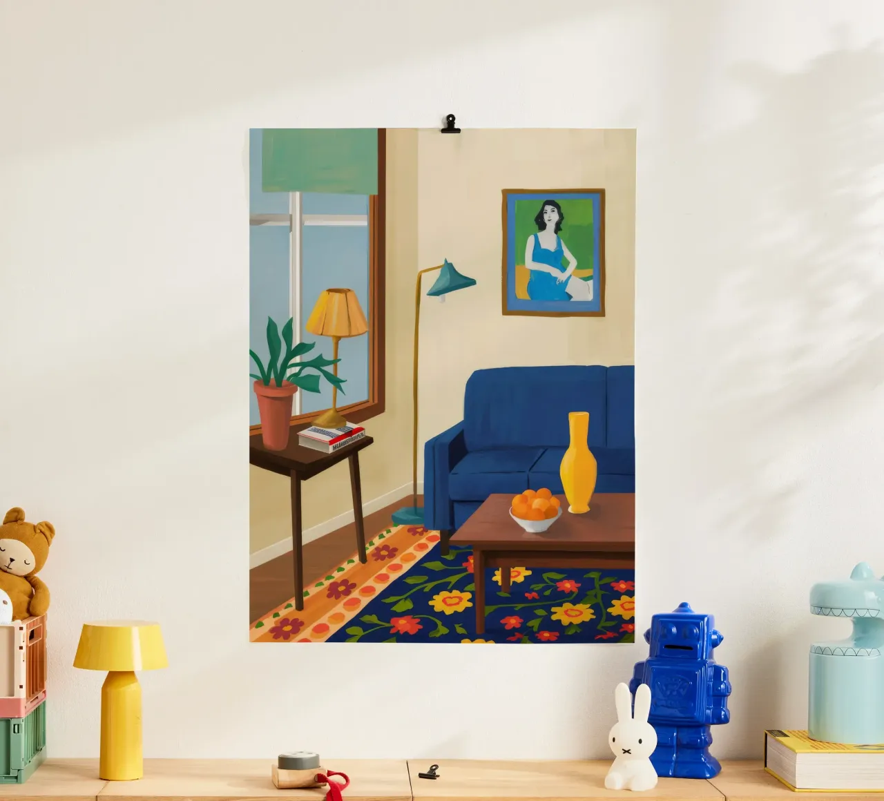Ritratto di divano blu poster con telaio in alluminio da Tiga Bersama