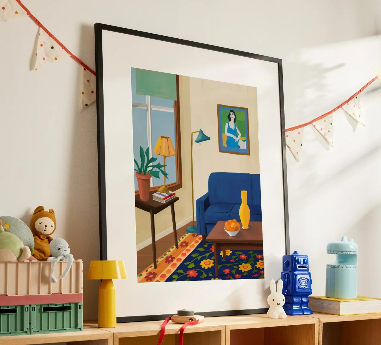 Ritratto di divano blu poster con telaio in alluminio da Tiga Bersama