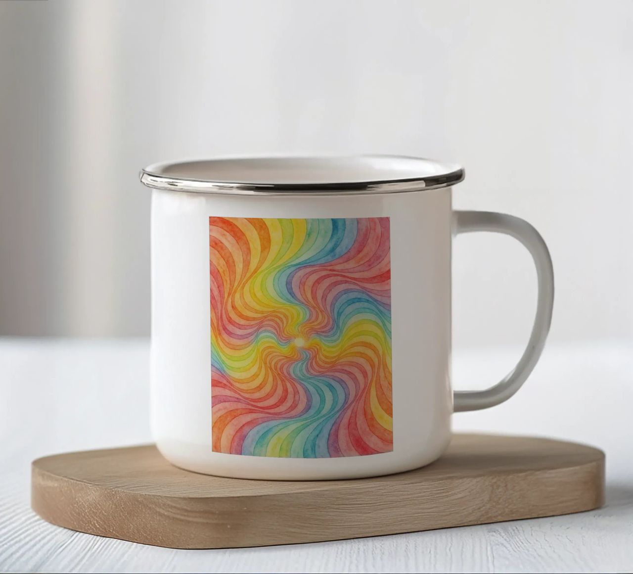 linea geometrica astratta di vortici arcobaleno tazza in smalto da arkhanz