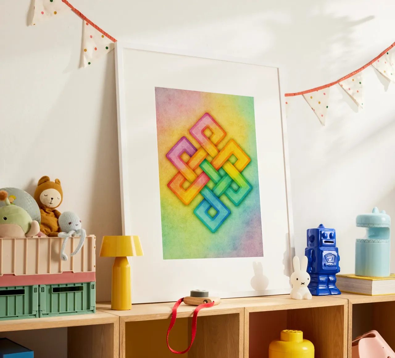 linea geometrica astratta tibetana knott poster con telaio in alluminio da arkhanz