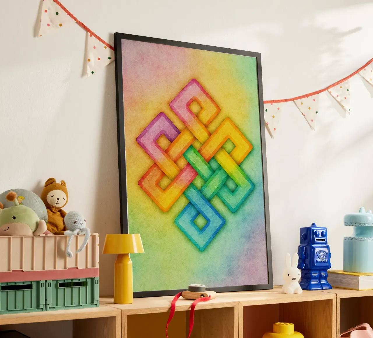 linea geometrica astratta tibetana knott poster con telaio in alluminio da arkhanz