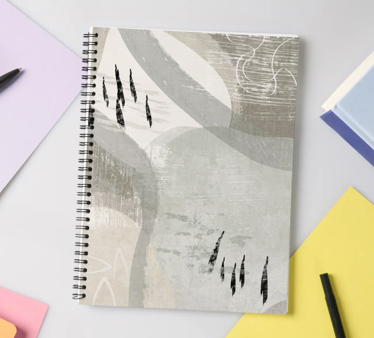 Abstract painting with pastel shades of green, beige, white spiral notebook by Imaginative