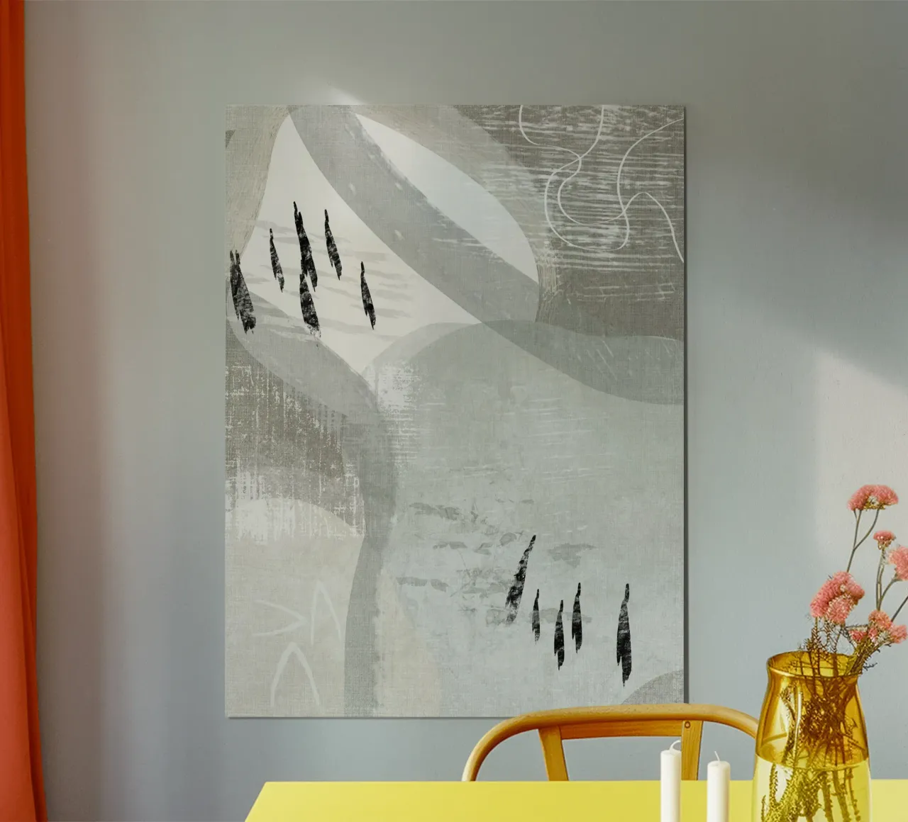 Abstract painting with pastel shades of green, beige, white poster con telaio in legno da Imaginative