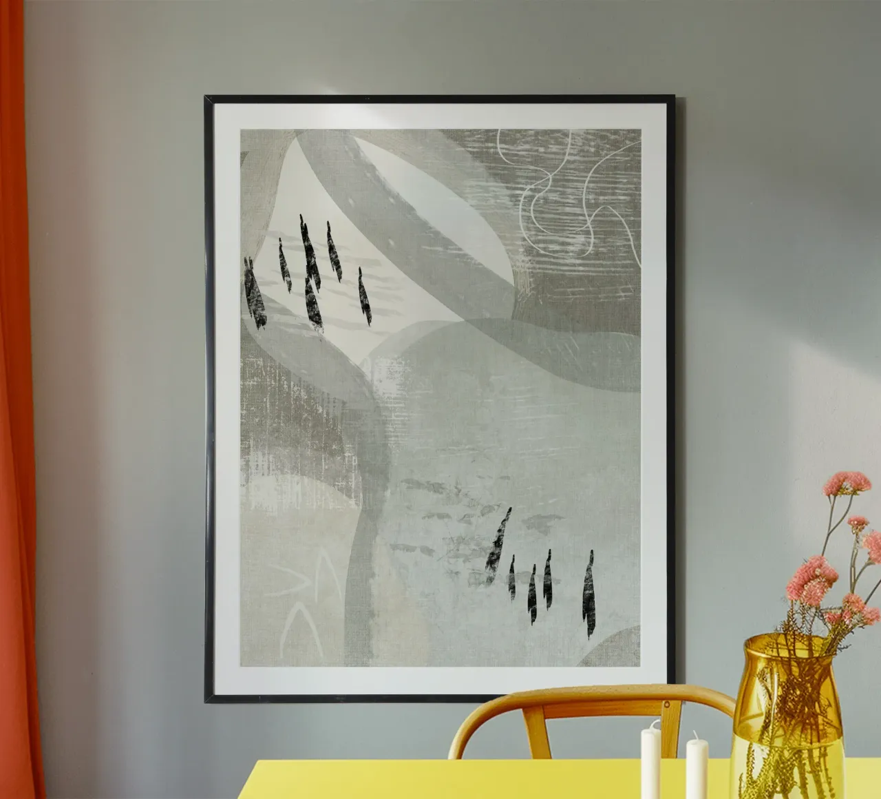 Abstract painting with pastel shades of green, beige, white poster con telaio in legno da Imaginative