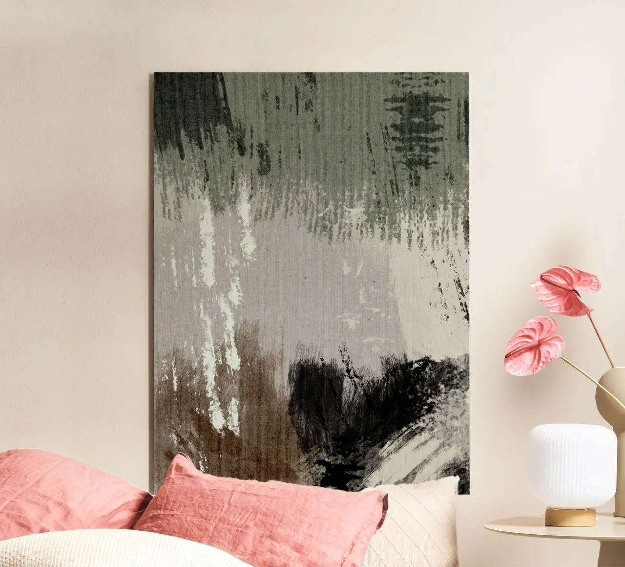 Abstract artwork with brushstrokes in beige, green, brown alluminio dibond da Imaginative