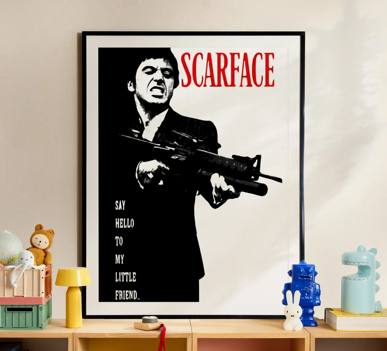 Scarface Saluta il mio piccolo amico poster con telaio in legno da ontoseno