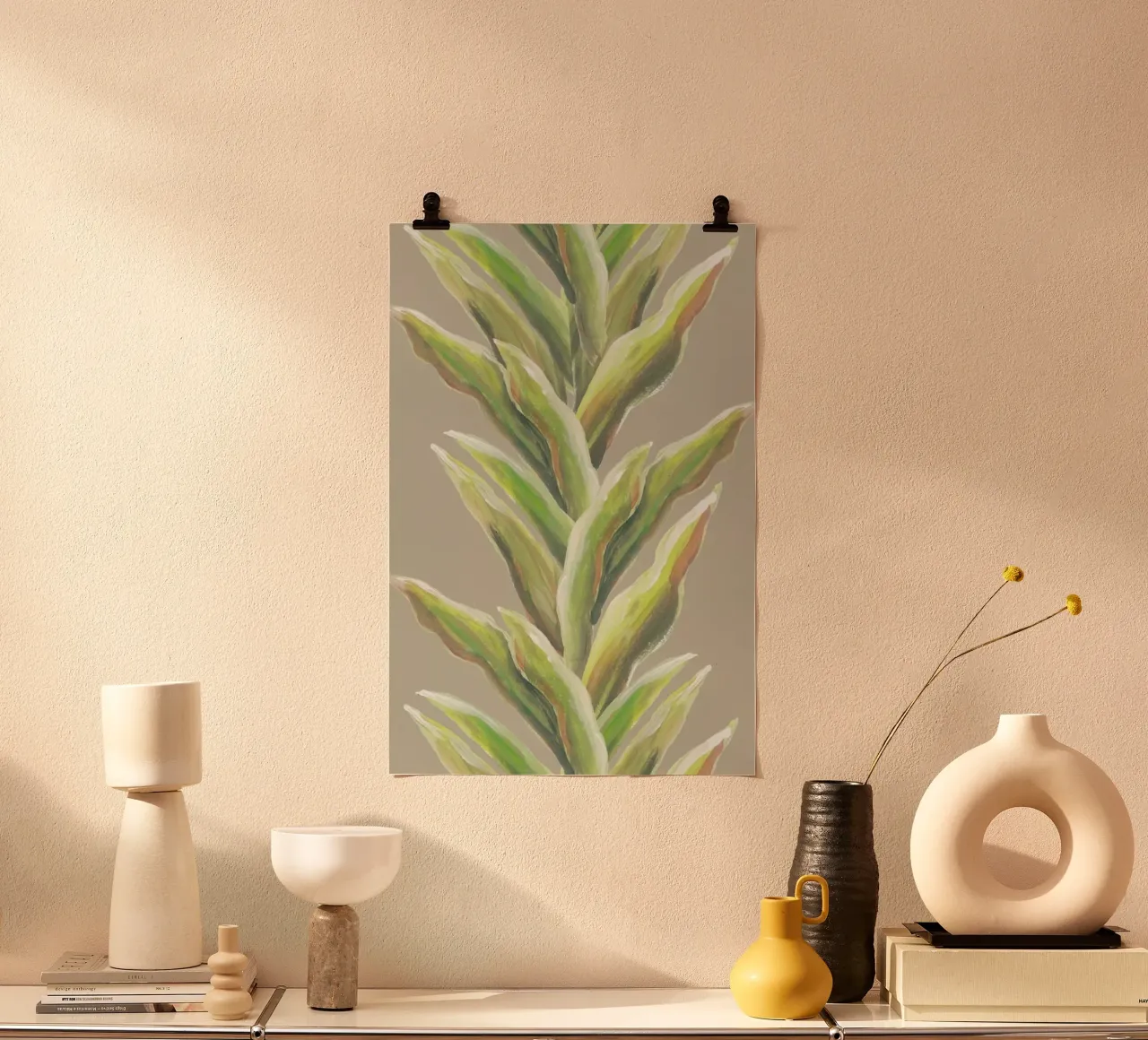 Botanical Garland Beige poster with wooden frame by Femke Zwaan