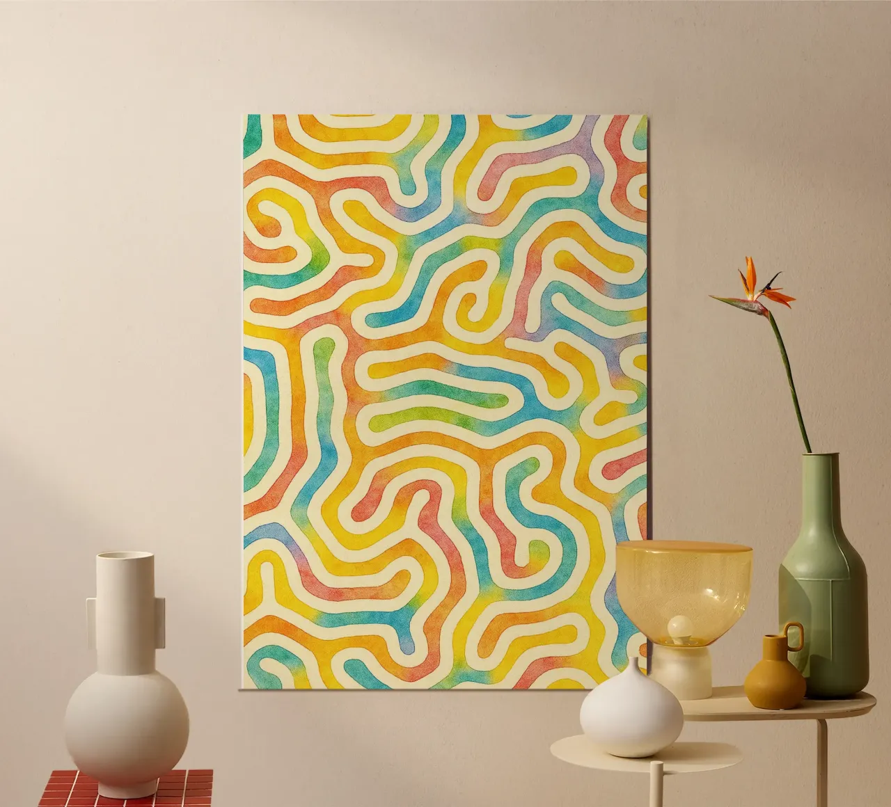 linea geometrica astratta del verme poster con telaio in legno da arkhanz
