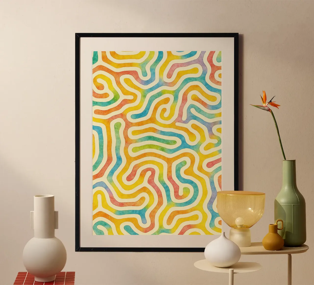 linea geometrica astratta del verme poster con telaio in legno da arkhanz