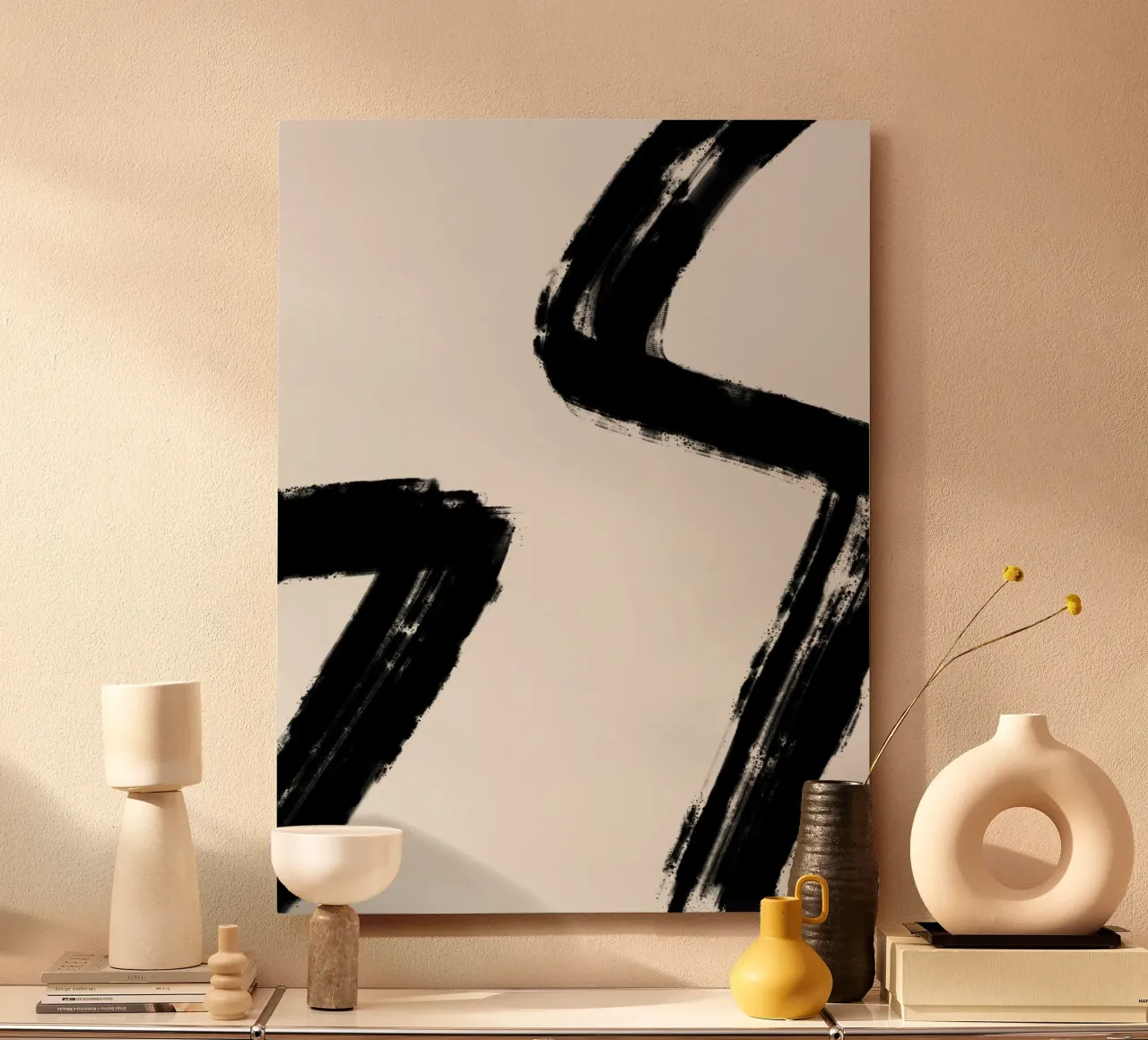 Minimalist Japandi artwork with black brushstrokes II alluminio dibond da Imaginative