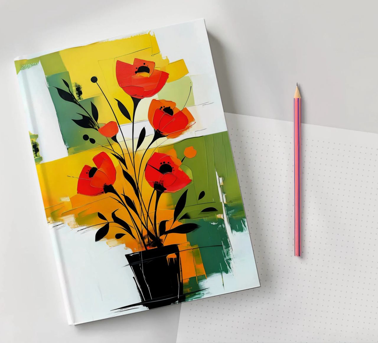 Fleurs rouges abstraites dans un vase noir carnet de notes de Point and Art