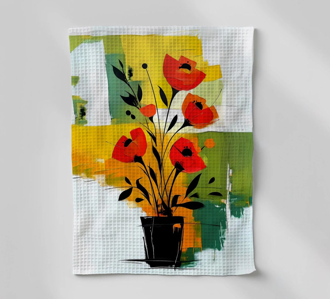 Fleurs rouges abstraites dans un vase noir torchon de Point and Art