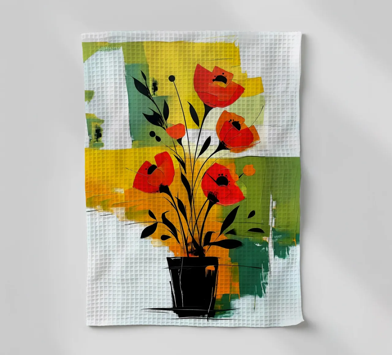 Abstracte rode bloemen in zwarte vaas theedoek van Point and Art