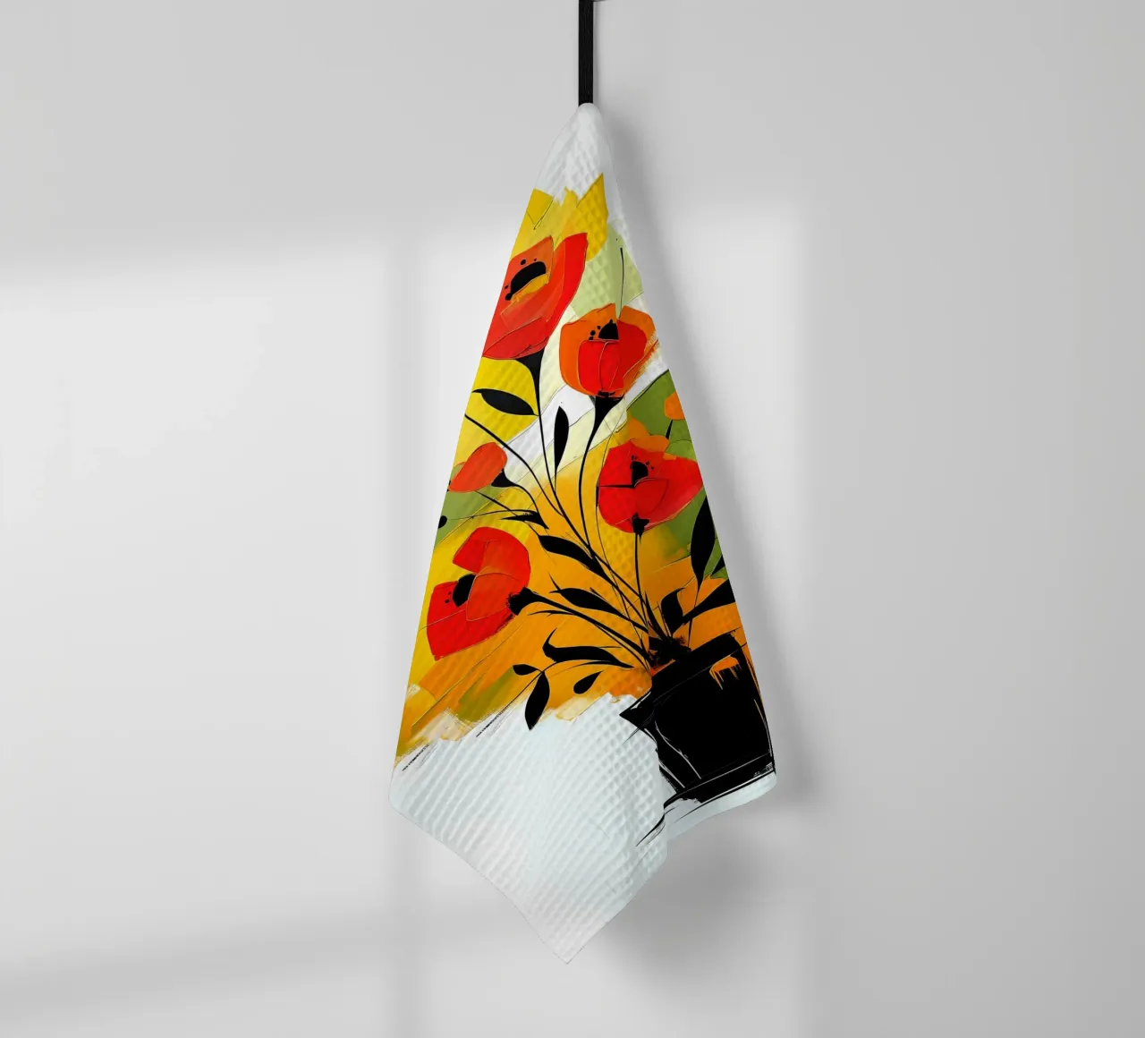 Abstrakte rote Blumen in schwarzer Vase Geschirrtuch von Point and Art