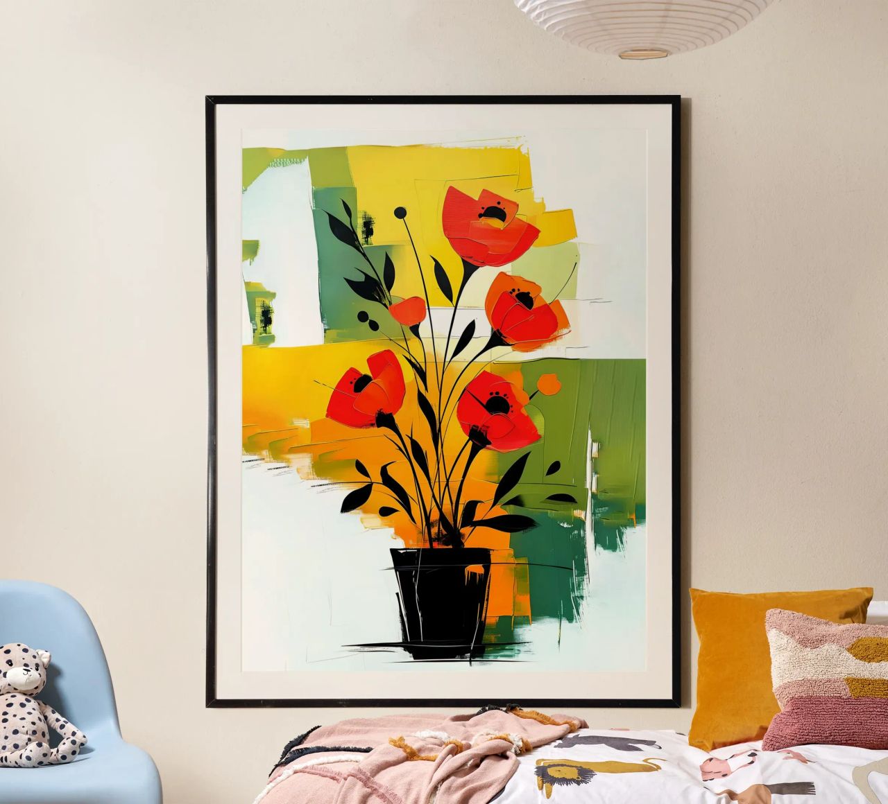 Fleurs rouges abstraites dans un vase noir poster de Point and Art