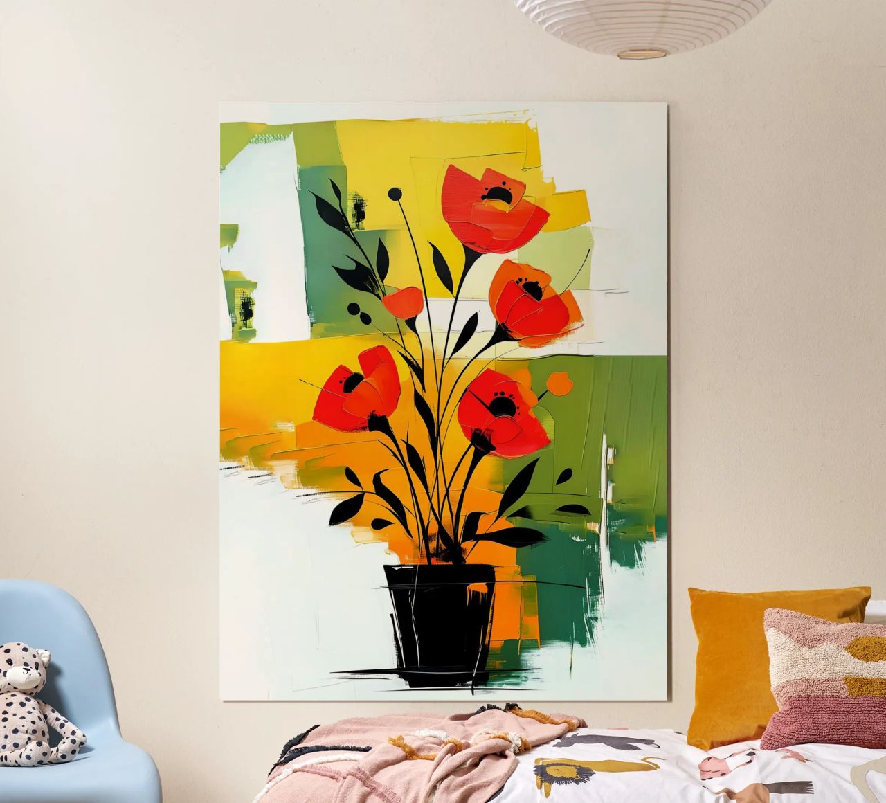 Fleurs rouges abstraites dans un vase noir poster de Point and Art