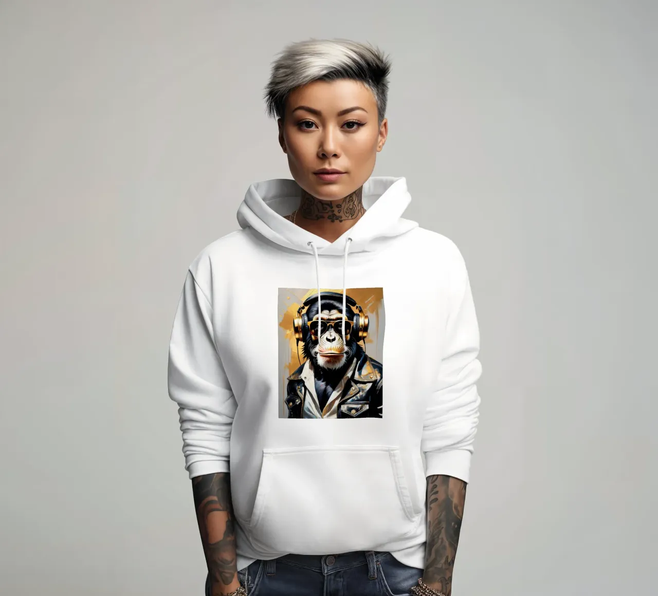 Scimmia scimpanzé con cuffie in stile rock in oro nero felpa con cappuccio da Take Your Art BV