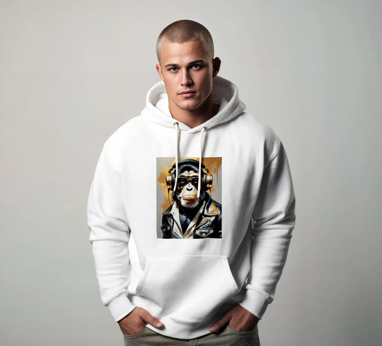 Scimmia scimpanzé con cuffie in stile rock in oro nero felpa con cappuccio da Take Your Art BV
