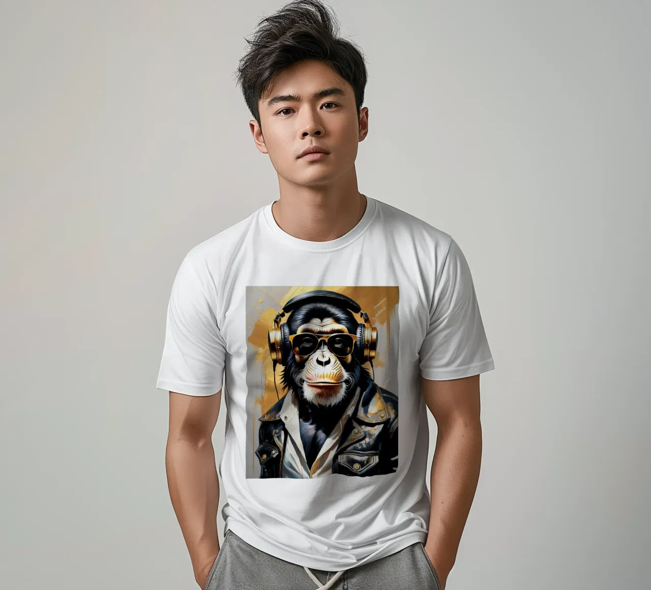 Scimmia scimpanzé con cuffie in stile rock in oro nero t-shirt da Take Your Art BV