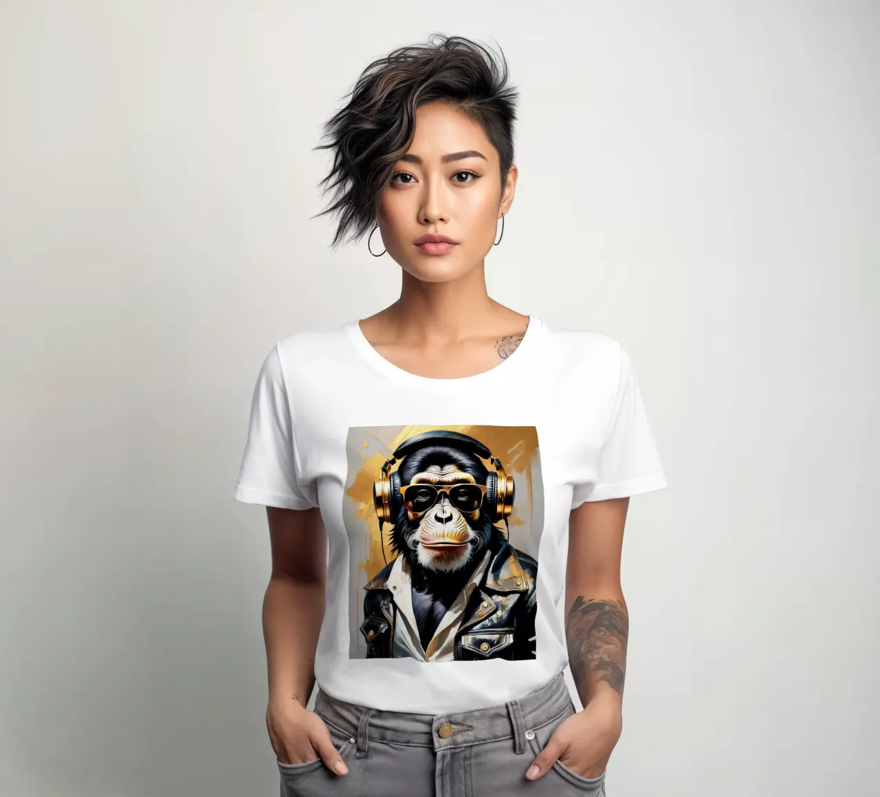 Scimmia scimpanzé con cuffie in stile rock in oro nero t-shirt da donna da Take Your Art BV