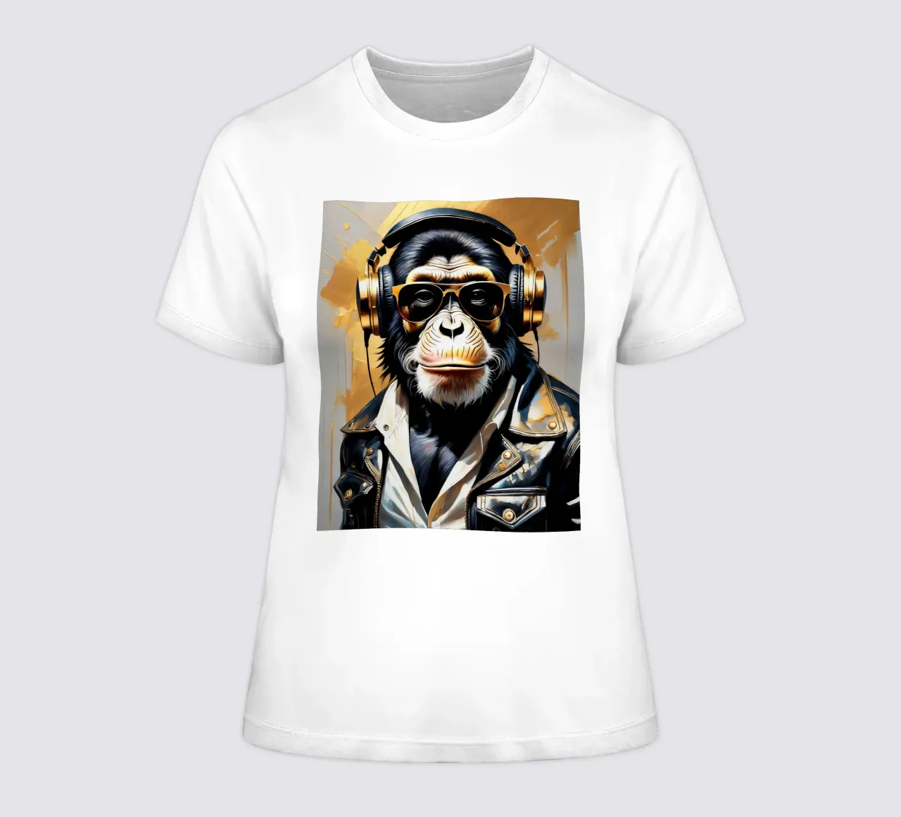 Scimmia scimpanzé con cuffie in stile rock in oro nero t-shirt da donna da Take Your Art BV