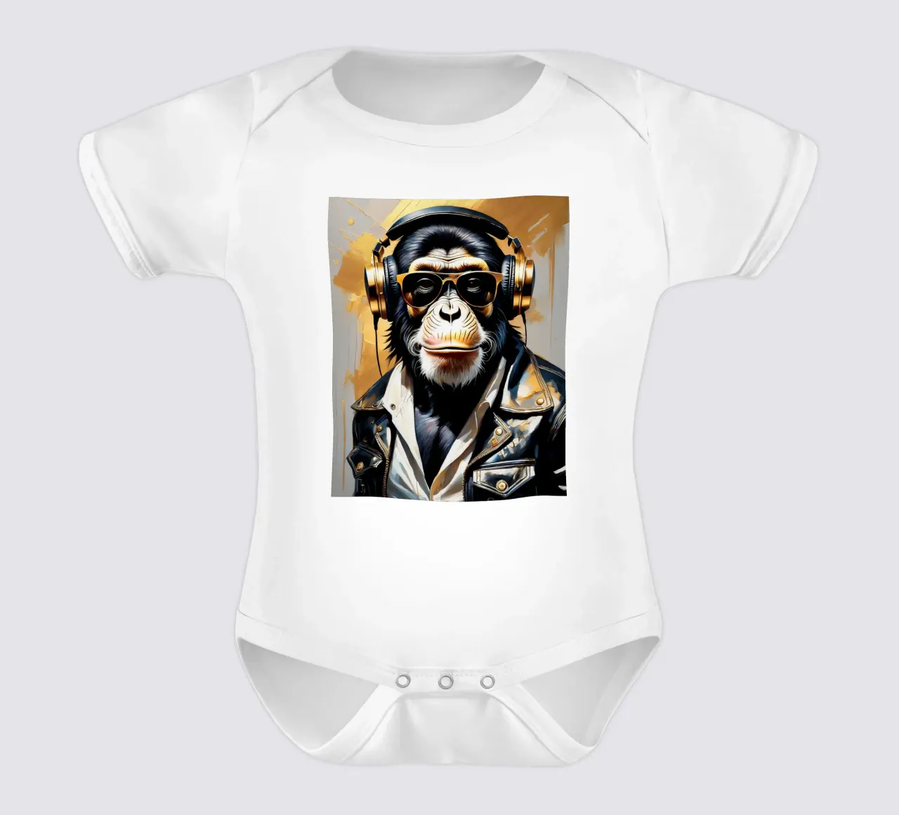 Scimmia scimpanzé con cuffie in stile rock in oro nero body neonato maniche corte da Take Your Art BV