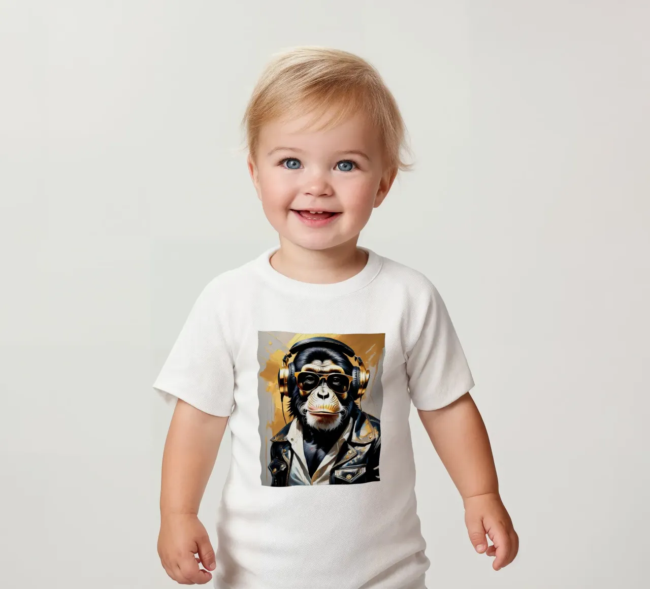 Scimmia scimpanzé con cuffie in stile rock in oro nero maglietta neonato da Take Your Art BV