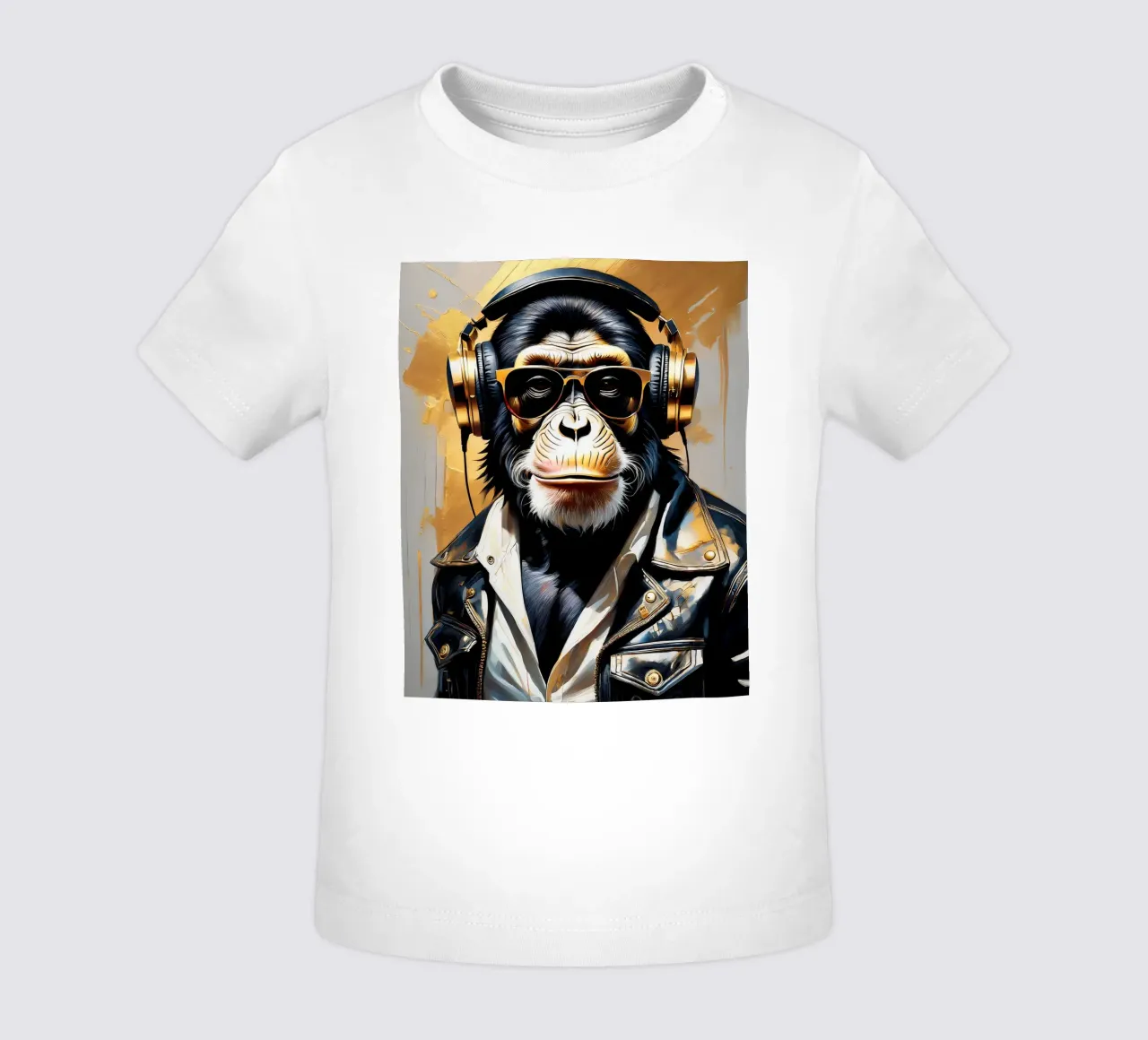 Scimmia scimpanzé con cuffie in stile rock in oro nero maglietta neonato da Take Your Art BV