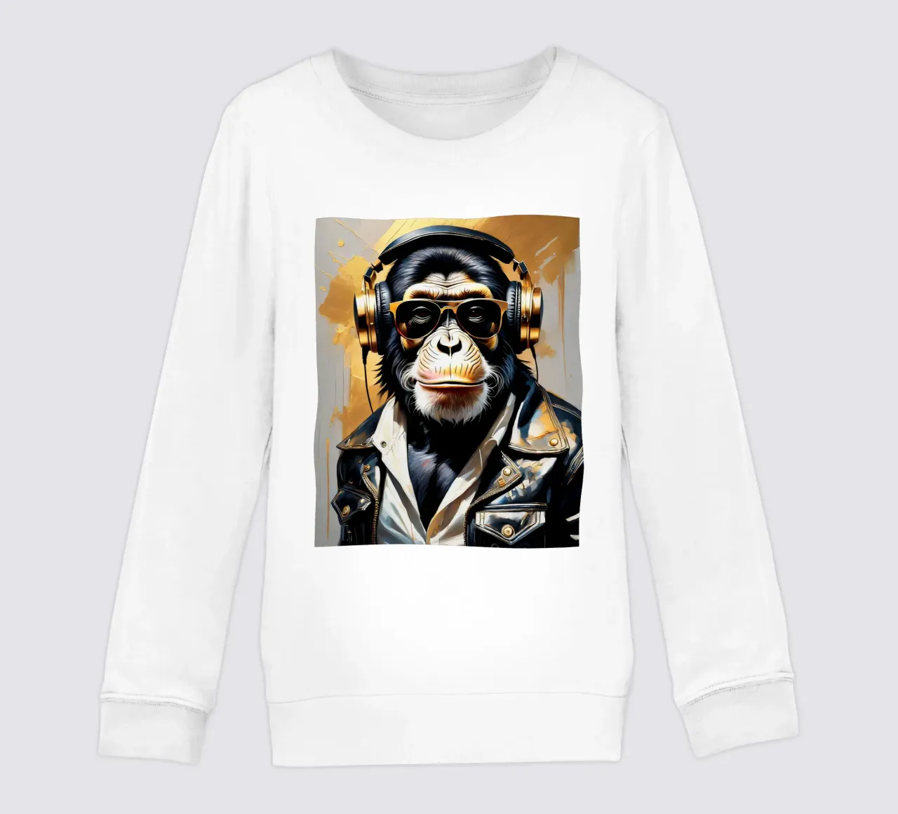 Scimmia scimpanzé con cuffie in stile rock in oro nero felpa bambino da Take Your Art BV