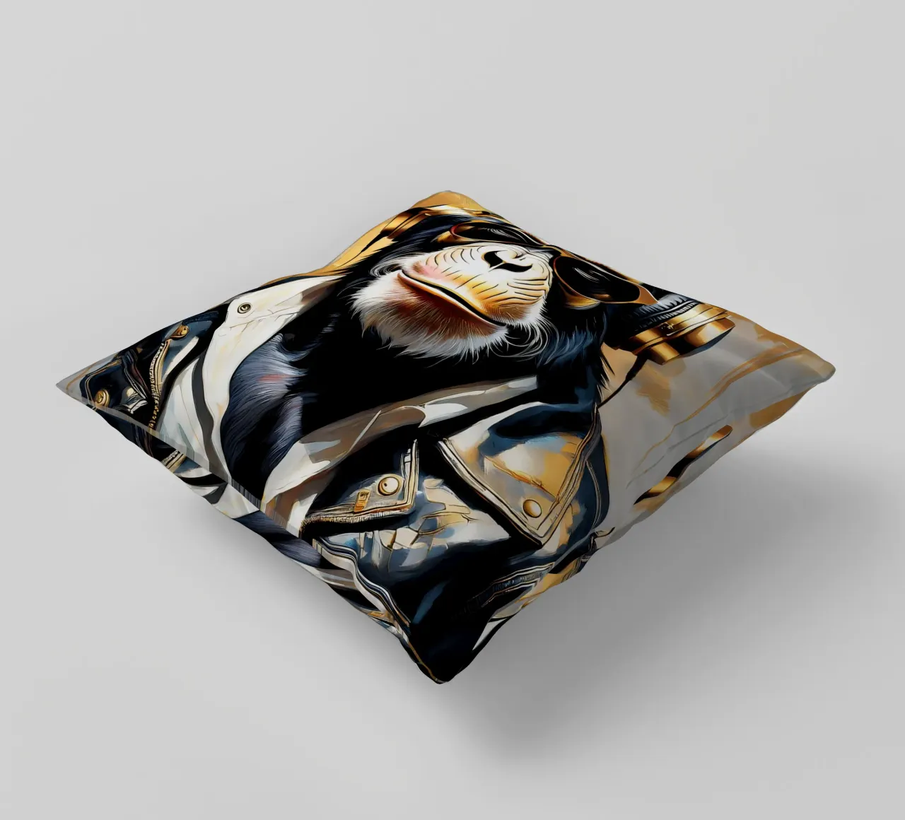 Scimmia scimpanzé con cuffie in stile rock in oro nero cuscino da Take Your Art BV