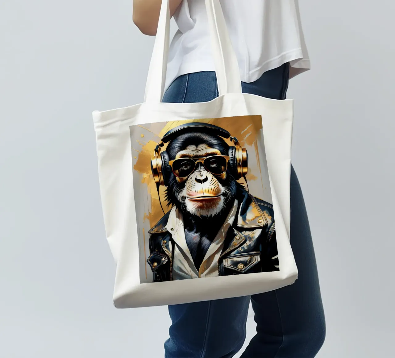 Scimmia scimpanzé con cuffie in stile rock in oro nero borsa in juta da Take Your Art BV