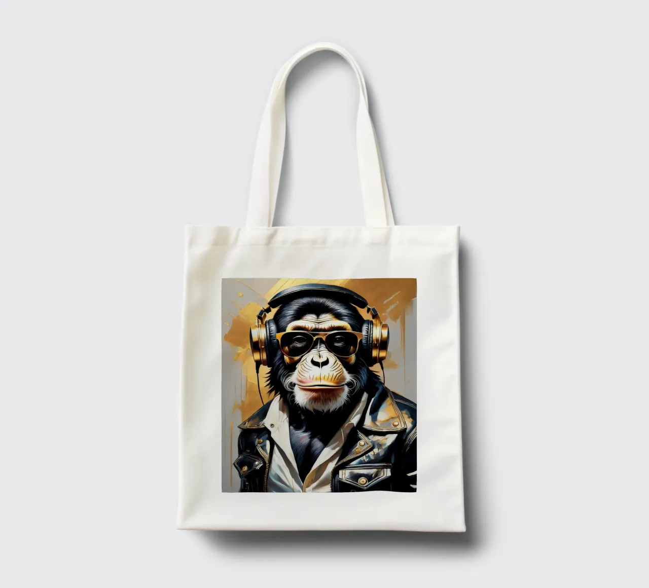 Scimmia scimpanzé con cuffie in stile rock in oro nero borsa in juta da Take Your Art BV