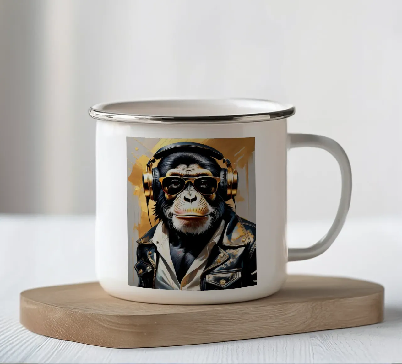 Scimmia scimpanzé con cuffie in stile rock in oro nero tazza in smalto da Take Your Art BV