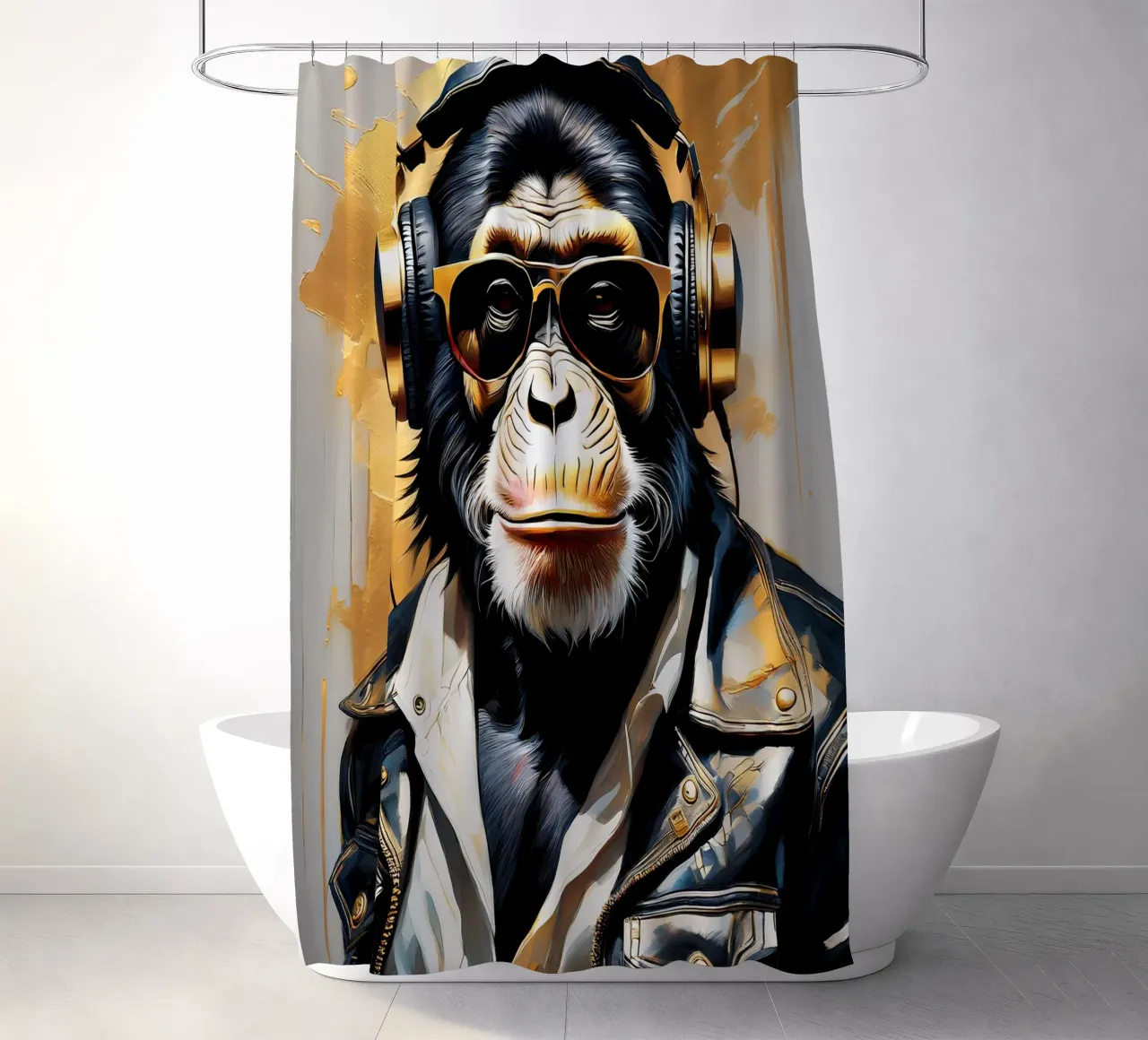 Scimmia scimpanzé con cuffie in stile rock in oro nero tenda da doccia da Take Your Art BV