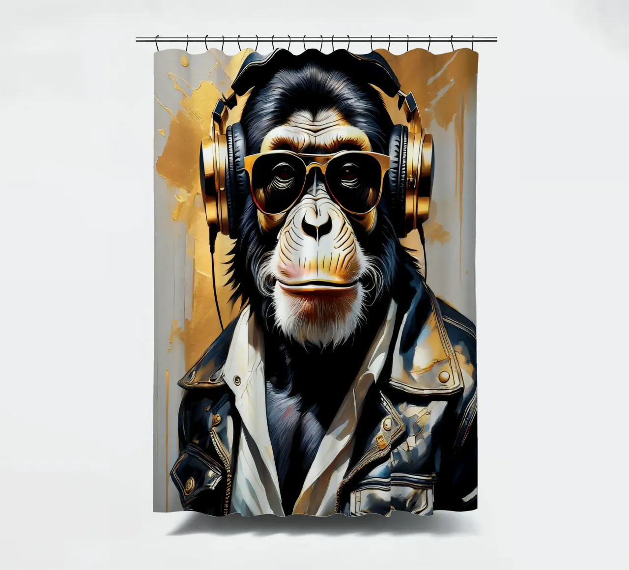 Scimmia scimpanzé con cuffie in stile rock in oro nero tenda da doccia da Take Your Art BV