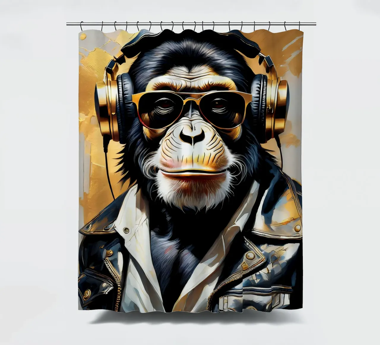 Scimmia scimpanzé con cuffie in stile rock in oro nero tenda da doccia da Take Your Art BV