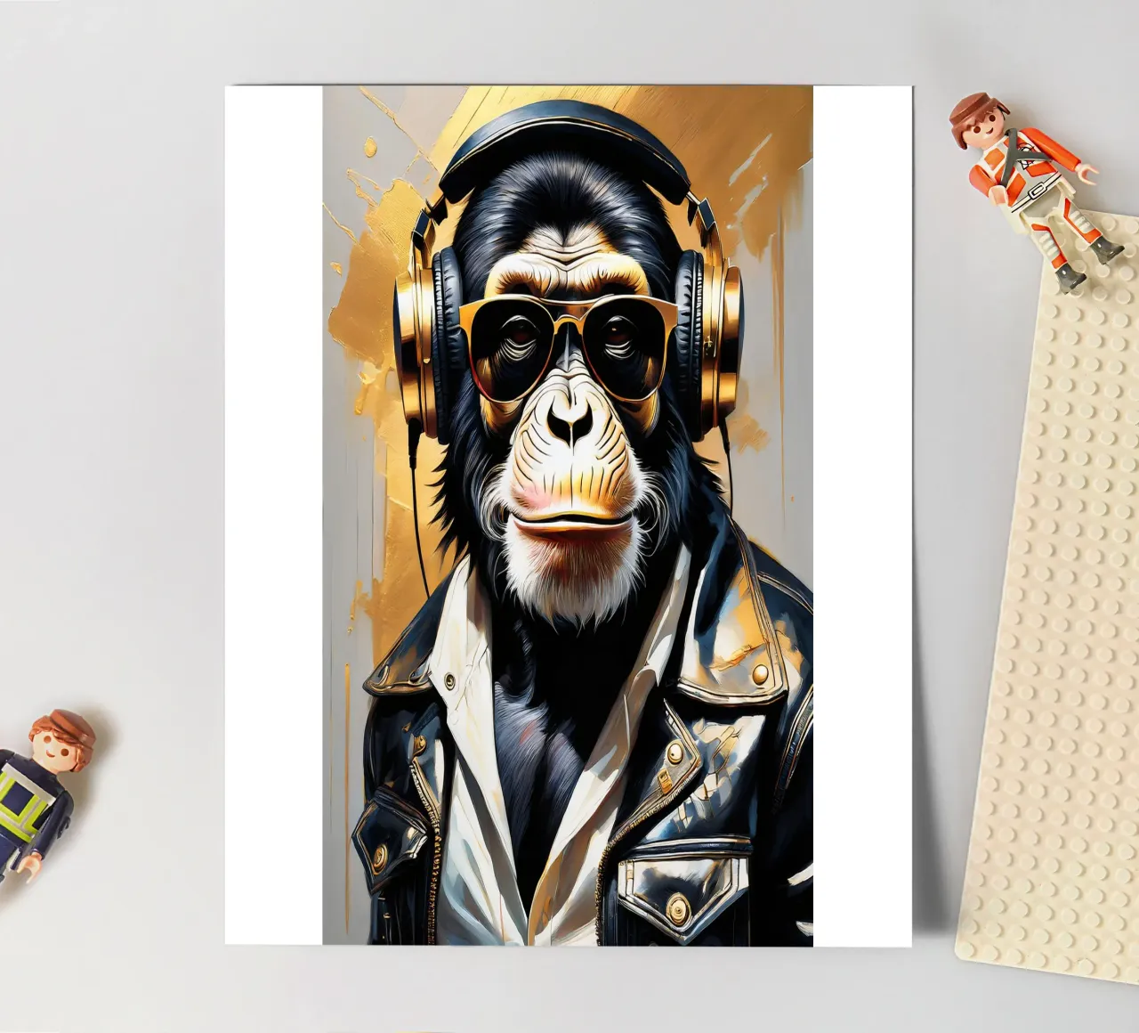 Scimmia scimpanzé con cuffie in stile rock in oro nero foglio adesivo da Take Your Art BV