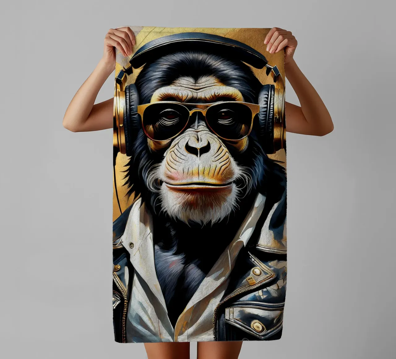 Scimmia scimpanzé con cuffie in stile rock in oro nero asciugamano da bagno da Take Your Art BV