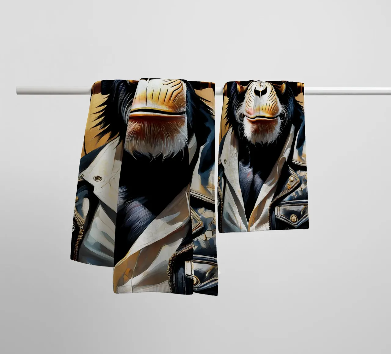 Scimmia scimpanzé con cuffie in stile rock in oro nero asciugamano da bagno da Take Your Art BV